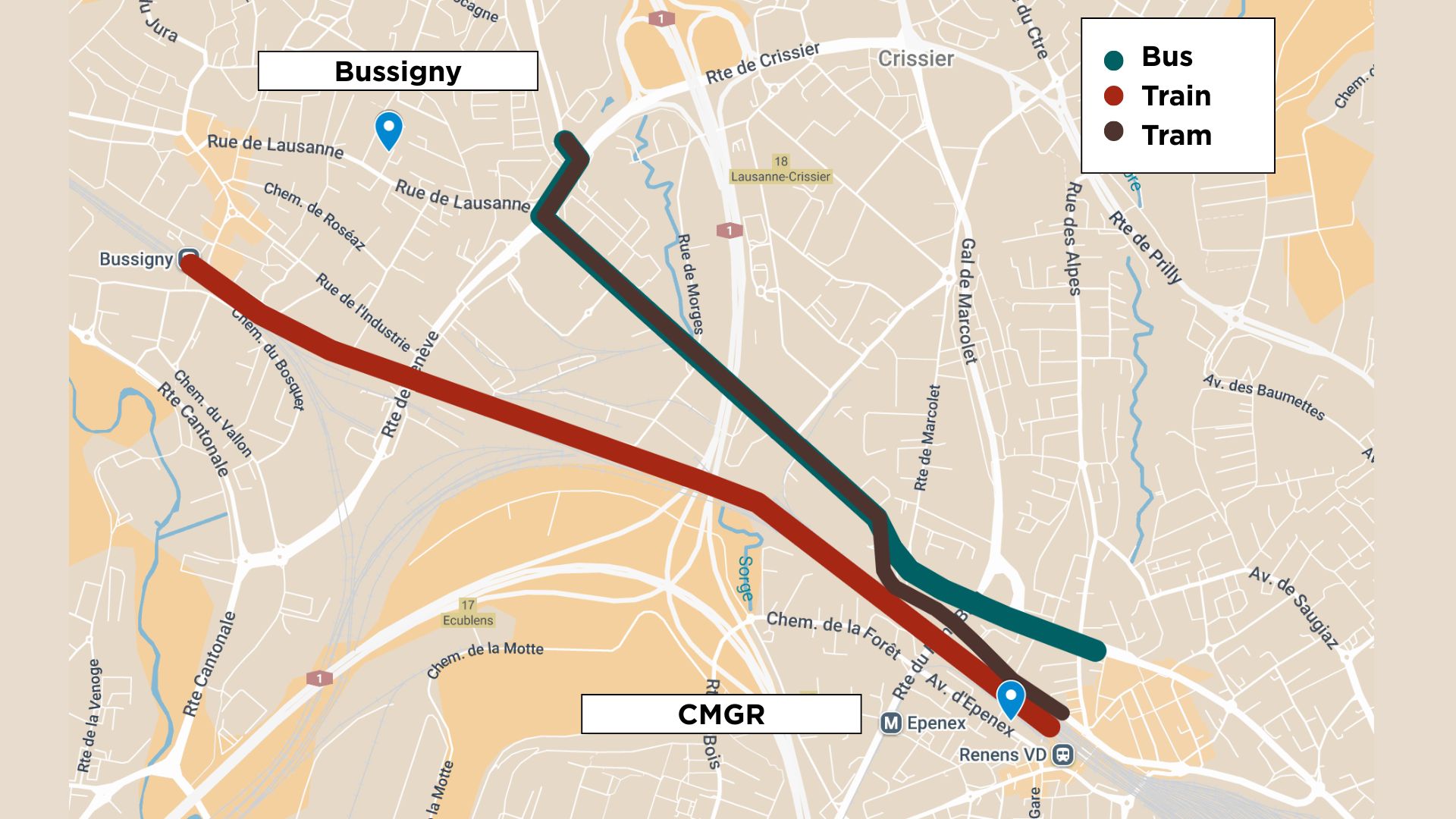 Itinéraire CMGR depuis Bussigny